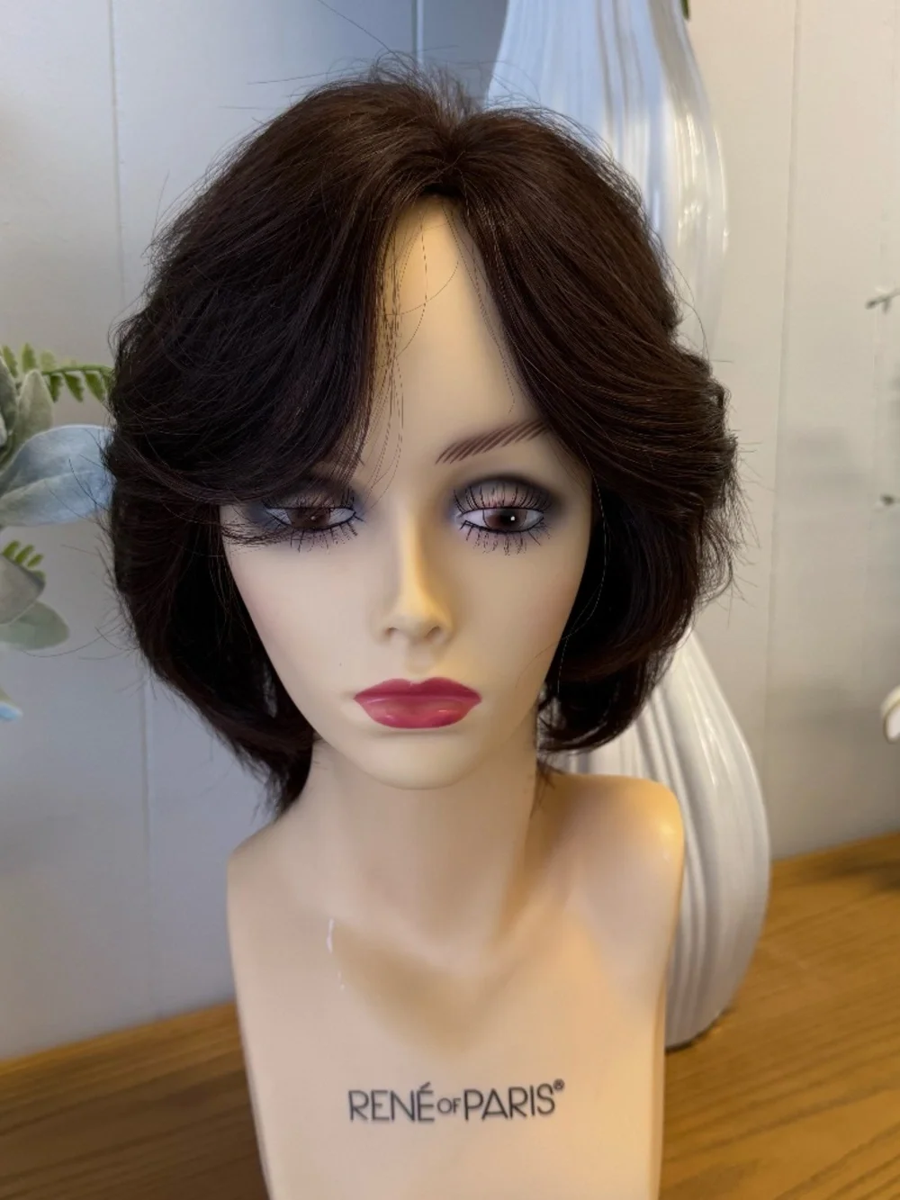 Human hair dark brown short shoulder length wig